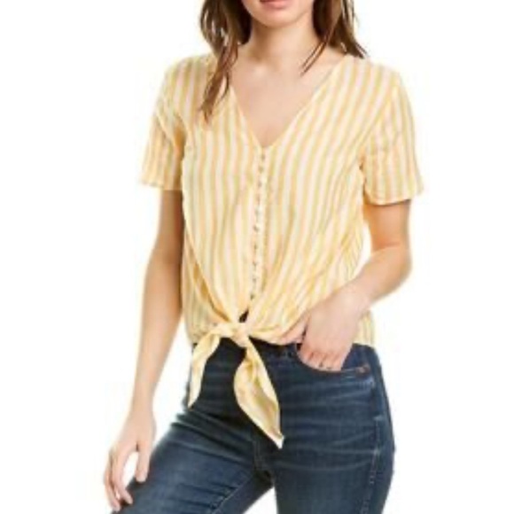 Madewell Petite Agency Tie-Front Button Top in Pompano Stripe - Picture 2 of 4